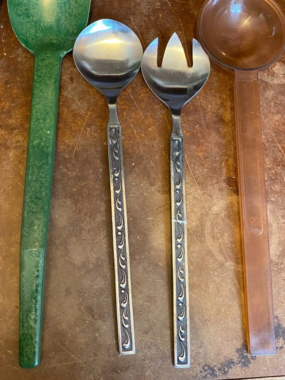 LOT VTG Salad Serving Utensils Green Speckled Melamine Flintwood Dansk Oneida